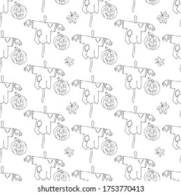 Happy Halloween. Vector image. Seamless pattern with pumpkin and Scarecrow. Outline black-and-white drawing by hand. Print for wrapping paper, packaging.