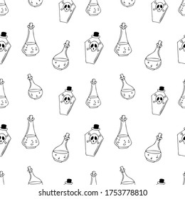 Happy Halloween. Vector image. Seamless pattern with potion. Contour black-and-white drawing of glass bottles by hand. Print for wrapping paper, packaging.