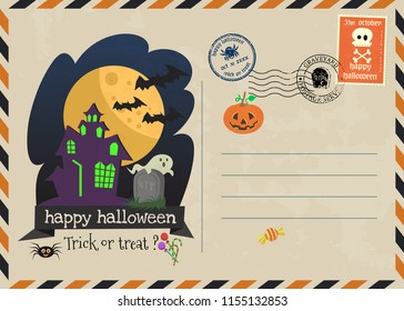 happy halloween vector invitation  postage  style, happy halloween and trick or treat greeting card.