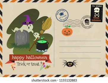 happy halloween vector invitation  postage  style, happy halloween and trick or treat greeting card.