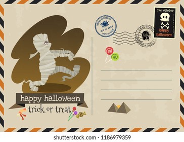 Happy halloween vector invitation postage style.Happy halloween and trick or treat greeting card.