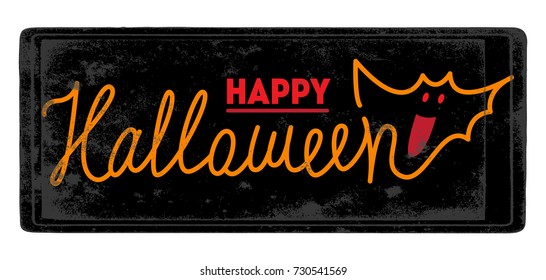 Happy Halloween. Vector lettering with bat. Greeting card or party invitation with grunge background