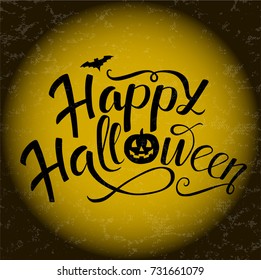 Happy Halloween vector lettering with bat and pumpkin. Holiday calligraphy for banner. Happy Halloween poster, party invitation, greeting card. Vector illustration.