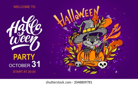 Happy Halloween vector lettering and cheerful illustration. Festive banner with calligraphy. Party invitations. Vector illustration.