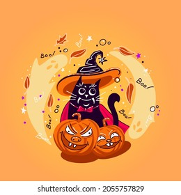 Happy Halloween vector lettering and cheerful illustration. Festive banner with calligraphy. Party invitations. Vector illustration.