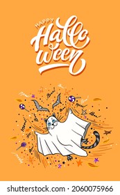 Happy Halloween vector lettering and cheerful illustration. Festive banner with calligraphy. Party invitations. Vector illustration.