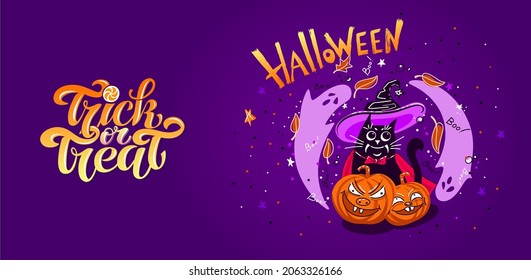 Happy Halloween vector lettering and cheerful illustration. Festive banner with calligraphy. Party invitations. Vector illustration.