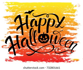 Happy Halloween vector lettering design with bat and pumpkin. Holiday calligraphy for poster, banner, greeting card, invitation. Vector Halloween illustration with yellow, orange and red background.