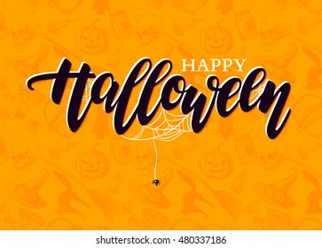 Happy Halloween vector lettering with detailed engraving background Pumpkin, witch hat, skull, cat elements Holiday calligraphy for banner poster, greeting card, party invitation Isolated illustration