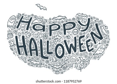 Happy halloween vector lettering with doodle holiday symbols pattern cloud around