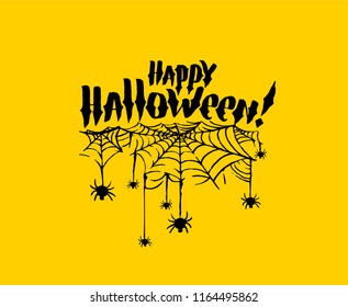 Happy Halloween vector lettering. Holiday calligraphy with spider and web for banner, poster, greeting card, party invitation. Isolated illustration.