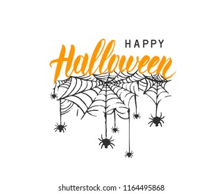 Happy Halloween vector lettering. Holiday calligraphy with spider and web for banner, poster, greeting card, party invitation. Isolated illustration.