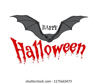Happy Halloween vector lettering. Holiday calligraphy with bat for banner, poster, greeting card, party invitation. Isolated illustration.