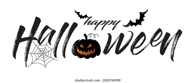 Happy Halloween vector lettering. Holiday calligraphy with spider and web for banner, poster, greeting card, party invitation. vector illustration.