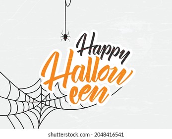 Happy Halloween vector lettering. Holiday calligraphy with spider and web for banner, poster, greeting card, party invitation. Isolated illustration.