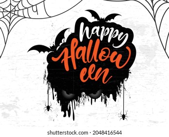 Happy Halloween vector lettering. Holiday calligraphy with spider and web for banner, poster, greeting card, party invitation. Isolated illustration.