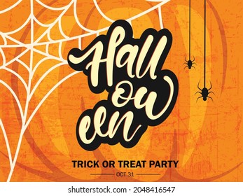 Happy Halloween vector lettering. Holiday calligraphy with spider and web for banner, poster, greeting card, party invitation. Isolated illustration.