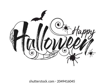 Happy Halloween vector lettering. Holiday calligraphy with spider and web for banner, poster, greeting card, party invitation. Isolated illustration.
