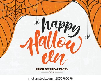 Happy Halloween vector lettering. Holiday calligraphy with spider and web for banner, poster, greeting card, party invitation. Isolated illustration.