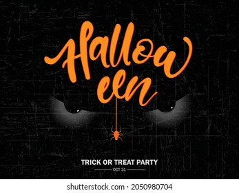 Happy Halloween vector lettering. Holiday calligraphy with spider and web for banner, poster, greeting card, party invitation. Isolated illustration.
