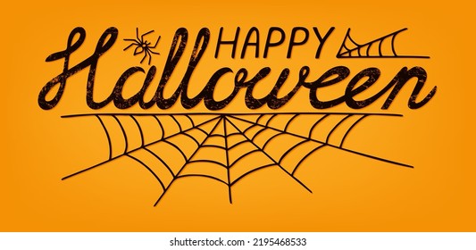 Happy Halloween vector lettering. Holiday handwriten text with spider and web for banner, poster, greeting card or party invitation.