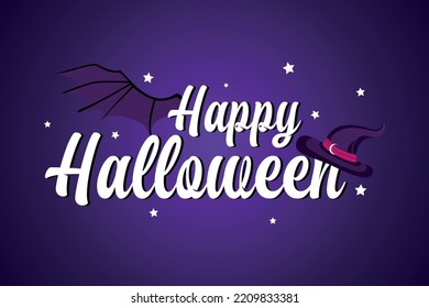 Happy Halloween vector lettering. Holiday poster, greeting card, party invitation. Illustration with halloween element: bat wings, witch's hat, stars.