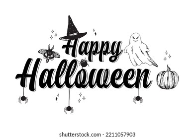 Happy Halloween vector lettering. Holiday poster, greeting card, party invitation. Illustration with halloween element: bat wings, witch's hat, ghost, spider, moon, stars, web, bat, moth