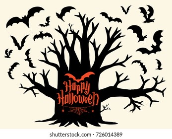 Happy Halloween vector lettering. Holiday calligraphy with bats spider and web for banner, poster, greeting card, party invitation. Isolated illustration.