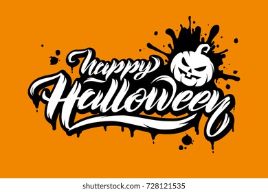 Happy Halloween vector lettering. Holiday calligraphy with pumpkin for banner. Happy Halloween poster, greeting card, party invitation. Vector illustration. 