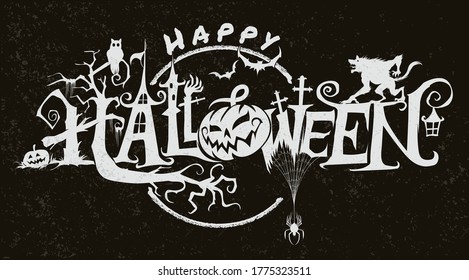 Happy Halloween vector lettering. Halloween horizontal banner with vector logo on a black background.