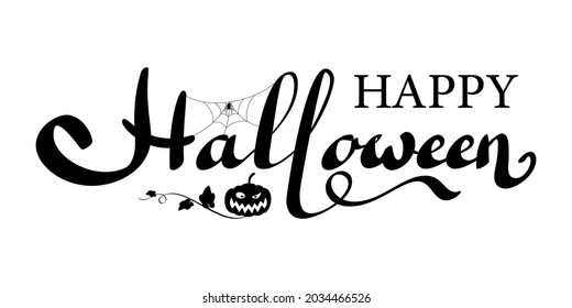 Happy Halloween vector lettering isolated white background. Holiday lettering banner. Halloween celebration poster, cobweb spider, pumpkin. Greeting card, october party invitation. Vector illustration