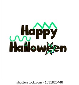 Happy Halloween vector lettering on white background. Holiday calligraphy with one-eyed, worms, lohg nails. Good for poster, greeting card, party invitation. Isolated illustration.