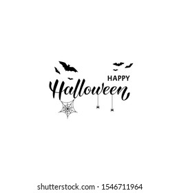 Happy Halloween vector lettering on white background with texture. Vector illustration with text, bats, spiders. Calligraphy for banners, posters, invitations, party, web design.