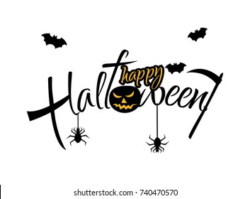 Happy Halloween vector lettering on white background. Holiday calligraphy with spider and bat for banner, poster, or greeting card. Black text.