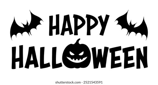 Letras de feliz Vector de Halloween con una siniestra carcajada de calabaza y siluetas de murciélagos. Gráfico monocromo Anuncio espeluznante. Para la invitación del partido de Halloween, cartel, decoración, manualidades de bricolaje.