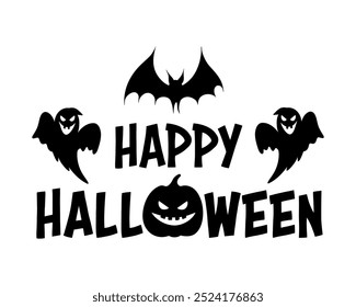 Happy Halloween vector lettering text with a sinister laughing ghosts, pumpkin and bat silhouette illustrations. Graphic monochrome banner. For Halloween party invitation, poster, decor, sticker.