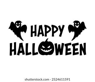 Happy Halloween vector lettering text with sinister laughing ghosts and pumpkin silhouette illustrations. Graphic monochrome banner. For Halloween party invitation, poster, decor, sticker.