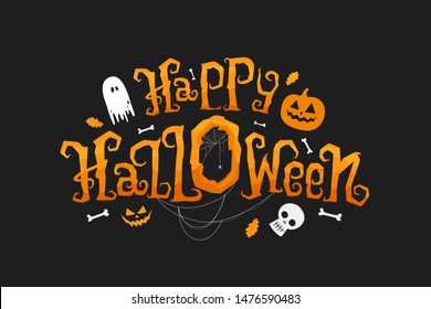 Happy Halloween vector lettering with traditional elements. Holiday Illustration on black background for Halloween day.