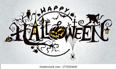 Happy Halloween vector lettering.Happy Halloween Text Banner, greeting card, party invitation. Vector illustration. 