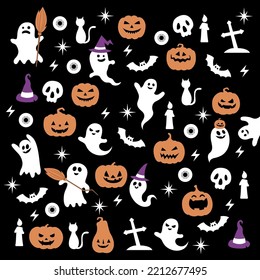 Happy Halloween Vector. magic elements. Pumpkins, ghost, skull, black cat. illustration in flat cartoon style.