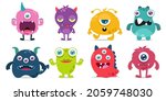Happy Halloween vector. Monster colorful illustration flat style funny character silhouette head, face, eyes, tongue, tooth, fang, horn, hands up.