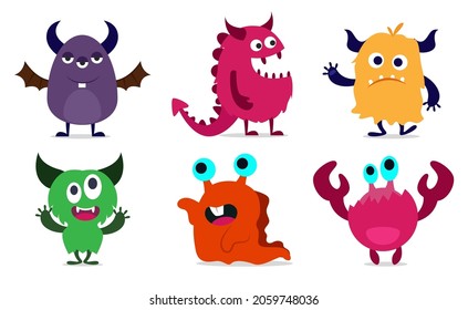 Happy Halloween vector. Monster colorful illustration flat style funny character silhouette head, face, eyes, tongue, tooth, fang, horn, hands up.