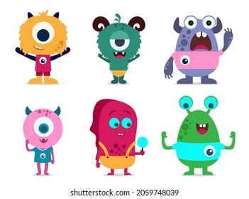 Happy Halloween vector. Monster colorful illustration flat style funny character silhouette head, face, eyes, tongue, tooth, fang, horn, hands up.