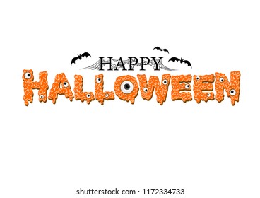 Happy Halloween Vector. Mystery eyes of cute liquid monster, bat flying and cobweb on Happy Halloween text banner.