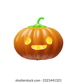 Happy Halloween. Vector orange pumpkin emotion with face scary smile. Realistic 3d render illustration in clay, plastic style. Autumn decor for poster, banner, flyer. Spooky lantern to october holiday