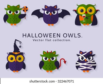 Happy Halloween! Vector owls are dressed in costumes of witch, vampire, bat, mummy and devil. Set of traditional spooky but cute characters of Halloween. Flat icons isolated on clear background.