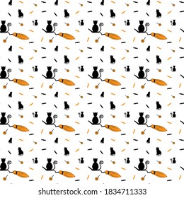 Happy Halloween vector pattern. Vector cat on the broom illustration. Black and orange pattern. Background for your design