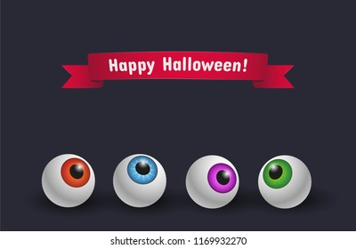 Happy Halloween! Vector postcard with different scary 3d eyeballs and text on red ribbon