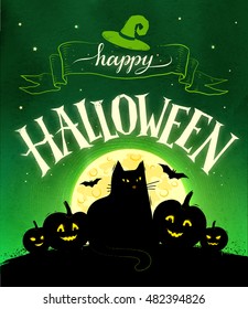 Happy Halloween vector postcard with moon, black cat and pumpkins on green background.