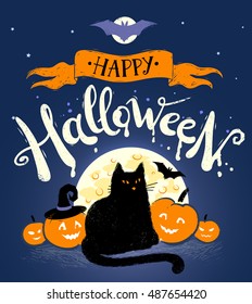 Happy Halloween vector postcard with moon, black cat and pumpkins on dark blue background.